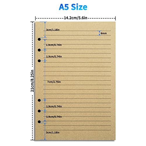 2 Packs A5 Lined Vintage Refillable Paper, Retro A5 Binder Refills Paper for 6-Ring Binders Planner Traveller Journal Notebook Dairy, 8mm Ruled Filler Paper, 80 Sheets 160 Pages, Lined