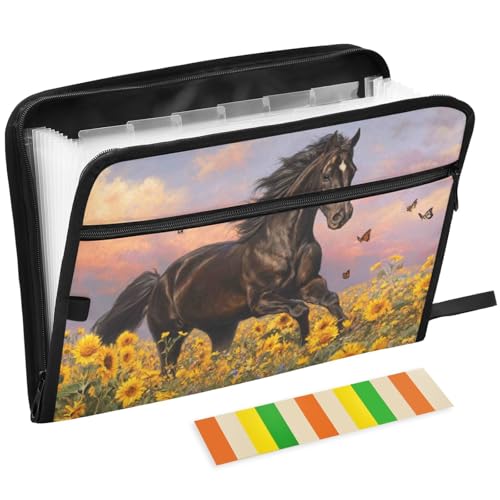 Horse Sunflowers Field Expanding File Folder 13 Pockets Animals Yellow Flroal Expandable Filing Folders Accordion Document Files Organizer for A4 Letter Size Paper - color: Horse Sunflowers