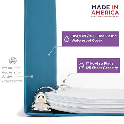 Carstens 1-Inch Heavy Duty 3-Ring Binder - Side Opening, Pool Blue, Durable Plastic, Precision No-Gap Rings, Waterproof Cover, No Pockets, Holds 125 US Letter Sheets, BPA-Free, Made in USA (8714-3R) - color: Blue, size: Individual