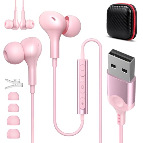 USB Earbuds for PC, USB Headset with Mic for Laptop 7.5 Ft Cable, Computer USB-A Headphones Wired with Mute Stereo Noise Isolating Call Cord Laptop Earphones for Dell/Surface/Switch Meeting Cute, Pink - color: Pink