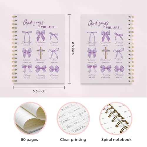 VONTP Bible Purple Bow Christian Notebook Journal for Women, 5.5 x 8.3 Inch | Christian Girl Energy Journal, Christian Study Notebook, Cute Preppy Bible Study Spiral Notebook for Bible Notes - color: 001-Purple