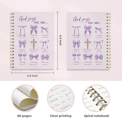 VONTP Bible Purple Bow Christian Notebook Journal for Women, 5.5 x 8.3 Inch | Christian Girl Energy Journal, Christian Study Notebook, Cute Preppy Bible Study Spiral Notebook for Bible Notes - color: 001-Purple