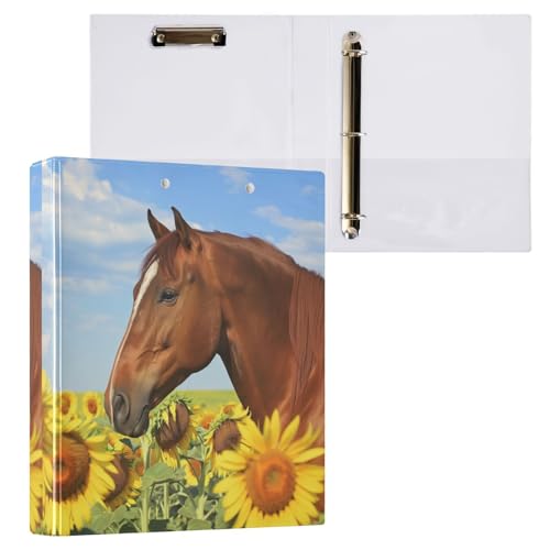 Fustylead Beautiful Horse in Sunflower Field and Blue Sky 3 Ring Binder, D-Rings 1.5" Hardcover Folder, Fits 200 Sheets of A4 Paper, Durable Clipboard & Clean View with Inside Pockets for School Home - size: 12.4x10.63x2.36 Inch-1 Pack