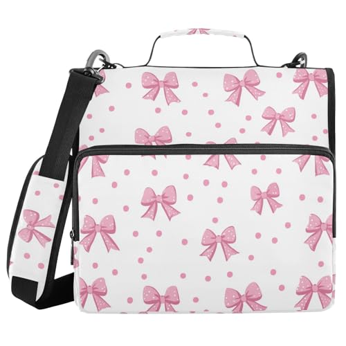 Pink Bows Dot White Zipper Binder with Shoulder Strap Trapper Keeper 3 Ring Binder Organizer Large Capacity Multiple Compartments for School Office - color: Pink Bows Dot