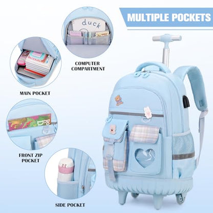 ACESAK Rolling Backpack for Girls - Roller Wheels School Bookbag with Lunch Bag & Pencil Pouch for Teen Girls Kids Wheeled Suitcase Backpacks, Elementary Middle School Travel Daypack (Blue) - color: Blue