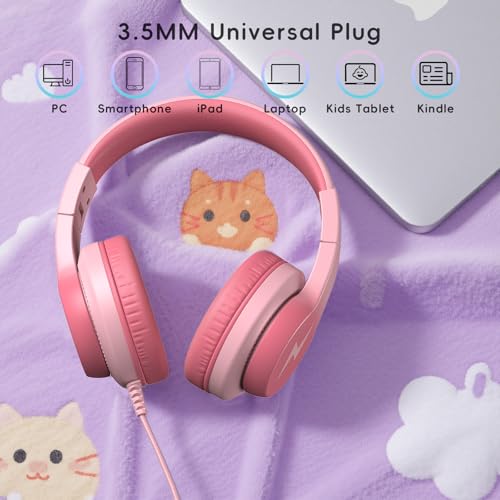 Candy Bila Kids Headphones, Wired Headphones for Kids Over Ear with Microphone, Foldable Headphone for Learning & Entertainment, Light Pink - color: Light Pink