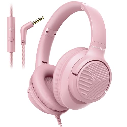 Botesty Sound Wired Headphones with Microphone, Over Ear 3.5mm Plug in Headphones with 4.9ft Tangle-Free Nylon Cord for Tablet, Laptop, MP3/4, School, Airplane Travel (Pink) - color: Pink