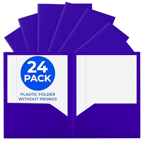 24 Pack Purple Plastic Folders with Pockets Heavy Duty. 2 Pocket Folder no Prongs Bulk. Tear-Resistant Letter Size 8.5x11. Presentation Ready School and Office Supplies - color: Purple, style: No Prongs