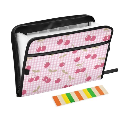 Cute Pink Cherry Berries Checkered File Organizer 13 Pocket Expanding File Folder with Front Pouch Portable Business Fire Storage Document Organizer Folder with Zipper - color: Cute Pink Cherry