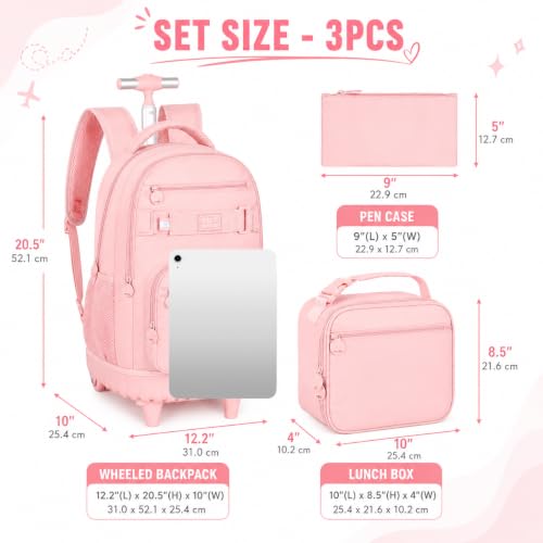 3Pcs Rolling Backpack for Girls Women, 19 Inche School Roller Backpacks with Wheels, Adults Wheeled Bookbag with Lunch Box(Pink) - color: Classic Pink