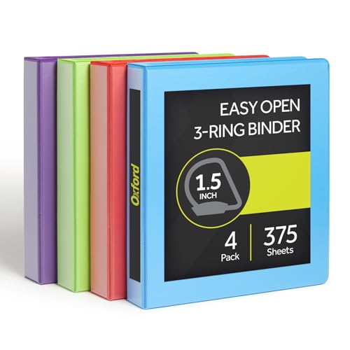 Oxford 1.5 Inch Binders, 4 Pack, 3 Ring Binder, ONE-Touch Easy Open D-Rings, Holds 375 Sheets, Non-Stick, PVC-Free, Three Ring Binders for Organization and Presentations, Assorted Colors - style: 1.5 Inch