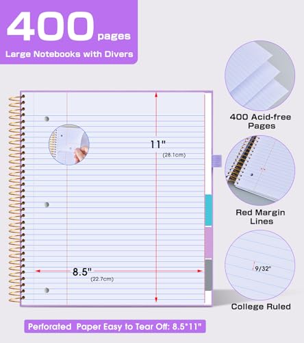 5 Subject Notebook College Ruled,80GSM Paper Thick Hardcover Spiral Notebook Lined Journal with Removable Dividers Tabs,400pages 8.5"x11" Paper Large Notebooks for School Work,3-Hole Punched, Purple - color: Purple