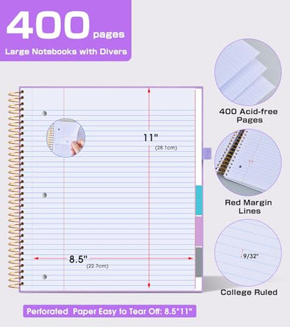 5 Subject Notebook College Ruled,80GSM Paper Thick Hardcover Spiral Notebook Lined Journal with Removable Dividers Tabs,400pages 8.5"x11" Paper Large Notebooks for School Work,3-Hole Punched, Purple - color: Purple
