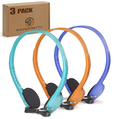 3 Pack Bulk Headphones for School, Classroom, Students - On Ear with 3.5mm Jack, 4ft Tangle Free Cable, 3 Colors - Compatible with iPad, Chromebook, Laptop, PC - color: Multi-Color