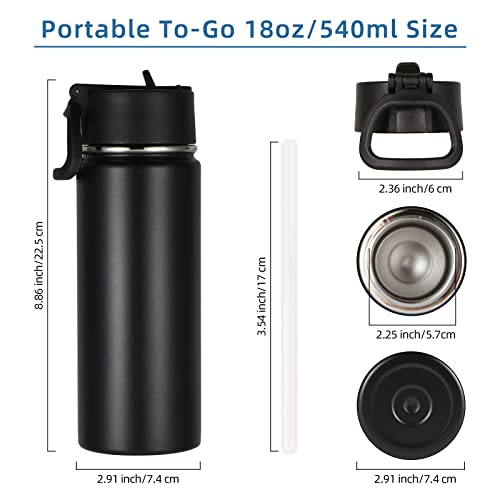 Volhoply 18oz Kids Insulated Water Bottle,Stainless Steel Water Bottles with Straw Lid,Double Wall Vacuum Reusable Metal Water Bottle,Wide Mouth Sports Water Flask For Cold Drink(Black,1 Set) - color: Black