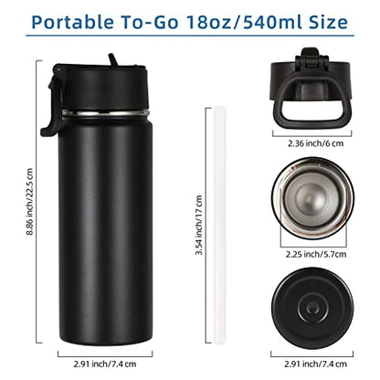 Volhoply 18oz Insulated Water Bottle Bulk 2 Pack,Kids Stainless Steel Water Bottles with Straw Lid,Wide Mouth Reusable Metal Bottle,Double Wall Vacuum Sports Flask For Cold Drink(Black,2 Set) - color: Black