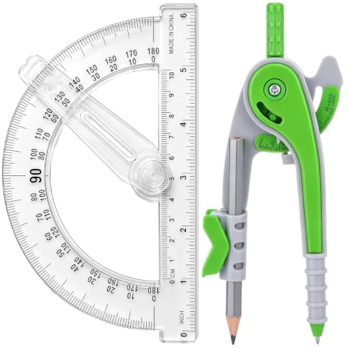 Zonon 2 Pcs Student Protractor and Compass Set, Student Geometry Math Drawing Compass and 180 Degree 6 Inch Protractor with Swing Arm for Drawing Measuring School Office (Green and Clear) - color: Green and Clear