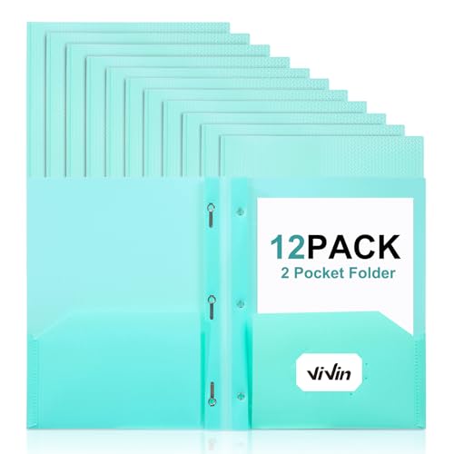 ViVin Sturdy Plastic Folder with Pockets,12 Pack,Heavy Duty Two Pocket 3 Prong Folders,Holds Letter Size Paper,File Folders with Business Card Slot for School Home and Office(Light Green) - color: Light Green, size: 12 PACK