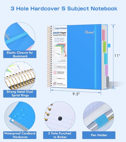 5 Subject Notebook College Ruled,80GSM Paper Thick Hardcover Spiral Notebook Lined Journal with Removable Dividers Tabs,400pages 8.5"x11" Paper Large Notebooks for School Work,3-Hole Punched, Blue - color: Blue