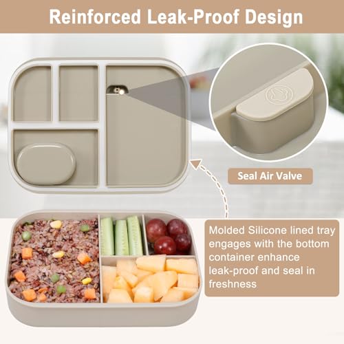 Caperci Stackable Bento Lunch Box for Adult & Teens - Reinforced Leak-Proof Lunch Container 4-Compartment with Utensils & Sauce Container, BPA-Free, Dishwasher/Microwave Safe, 47oz (Pale Mocha) - color: Pale Mocha
