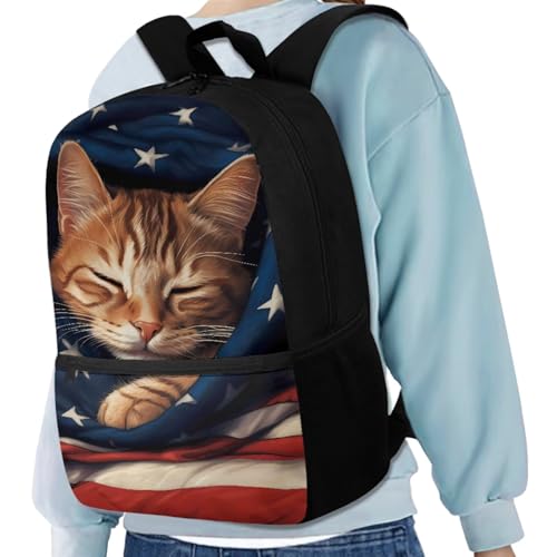 American Flag Cat Backpack for Girls Boys Backpack with Lunch Box Water Bottle Holder and Soft Pencil Pouch 4PCS Set Cute Bookbag with Front Pocket for School 17 inch Large School Bag for Kids - color: American Flag Cat
