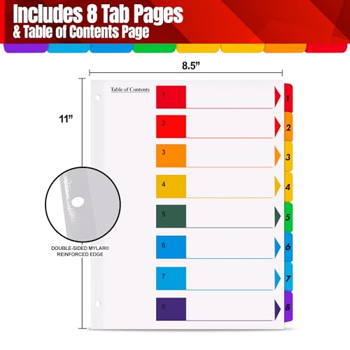 Tab Dividers for 3 Ring Binders – 6 Sets, 1–8 Numbered Index Dividers with Table of Contents – 8.5 x 11 in, 3-Hole Punched – Binder Dividers for School, Office, Filing, Organizing - 6 Pack - size: 1-8 Tabs