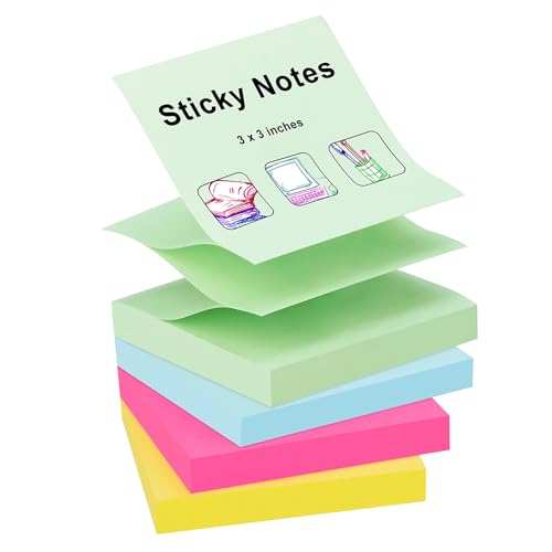 ZCZN 400 Sheets Pop-up Sticky Notes, 3 x 3 Inches, 4 Pads Assorted Color Self-Stick Notes, 100 Sheets/Pad, (Rose Red, Light Green, Yellow, Light Blue) - color: Rose Red, Light Green, Yellow, Light Blue