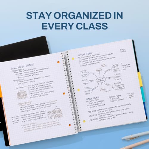 SUNEE 5 Subject Graph Paper Notebook - 400 Pages, 9"x11", 4x4 Graph Ruled Notebook, 5 Pocket Colored Dividers, 3-Hole Punched Paper, Black - color: Black, style: Graph Ruled