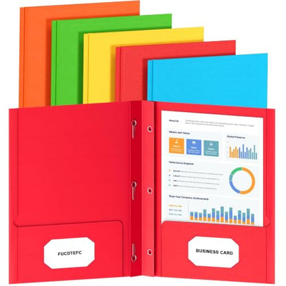 FUCDTEFC 2 Pocket Folders with Prongs, 5 Pack Paper Folders with Pockets and Prongs, File Folders with Fasteners, Heavy Duty Two Pocket 3 Prong Folders for Office School Letter Size, 5 Bright Color