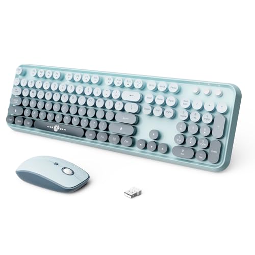 Wireless Keyboard and Mouse Combo, 2.4 GHz Wireless Full-Sized Typewriter Keyboard with Round Keycaps for Windows, Computer, Desktop, PC, Laptop (Light Blue) - color: Light Blue
