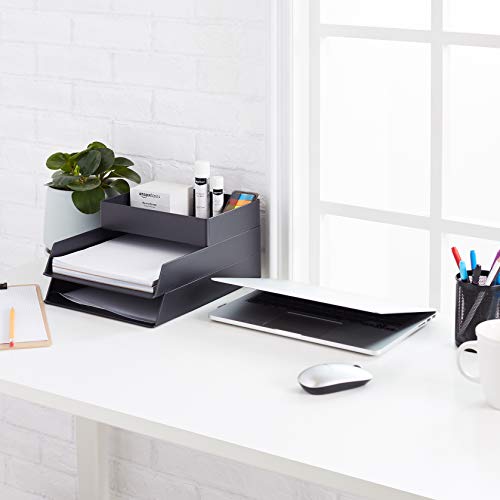 Amazon Basics Rectangular Plastic Desk Organizer with Storage Trays, Accessory Tray for Office Supplies and Pen Holder, 9.4 x 6.7 x 2 inch, Black (Pack of 2) - size: 9.4" x 6.7" x 2" (Pack of 2)