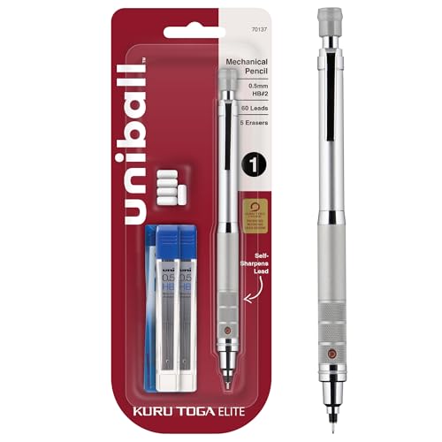 uniball™ Kuru Toga Elite Mechanical Pencil Kit, 0.5mm, HB, Silver, 1 Pack | Rotating lead engine keeps tip sharp, diamond-infused No. 2 lead for dark marks, knurled grip, replaceable eraser, refillable - color: Silver Barrel, size: 1 Count (Pack of 1)