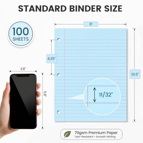 HIBOX Loose Leaf Paper Wide Ruled, 100 Sheets 8"x10.5", 3-Hole Punch, Blue | Anti-Bleed, 11/32" Spacing, Filler Paper for Binders, College, Office, School Supplies, Back to School & Classroom Must Haves - color: blue