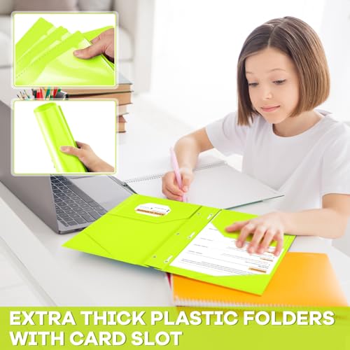 Henoyso 48 Pcs Plastic Folder with Clear Front Pocket and 3 Prongs Heavy Duty Plastic Folders with Card Slot Pocket Folders with Prongs for School Office Home(Fluorescent Green) - color: Fluorescent Green