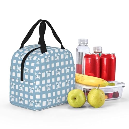 Lunch Bag Blue Check Bows Insulated Lunch Box Reusable Cooler Tote for Adults Student Girl Boy Work Office School Picnic Over 3 Years Old - color: B0368