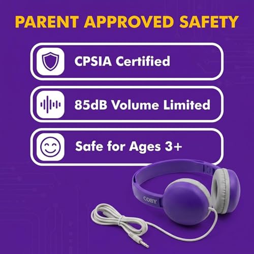 Coby Wired Kids’ Headphones, Over-Ear Headphones with 3.5-Millimeter Jack and Soft Cushions for School, Learning, and Travel, 85 dB Volume Limit, Built-in Microphone, Adjustable Headband, Pink - color: Purple