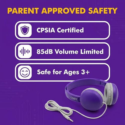 Coby Wired Kids’ Headphones, Over-Ear Headphones with 3.5-Millimeter Jack and Soft Cushions for School, Learning, and Travel, 85 dB Volume Limit, Built-in Microphone, Adjustable Headband, Pink - color: Purple