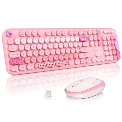 Atelus Wireless Keyboard and Mouse, Typewriter Full Size Keyboard with Number Pad and 2 in 1 USB Connected Mouse for Windows 7/8/10, Laptop, Desktop, PC, Computer (Pink Colorful) - color: Pink Mixed