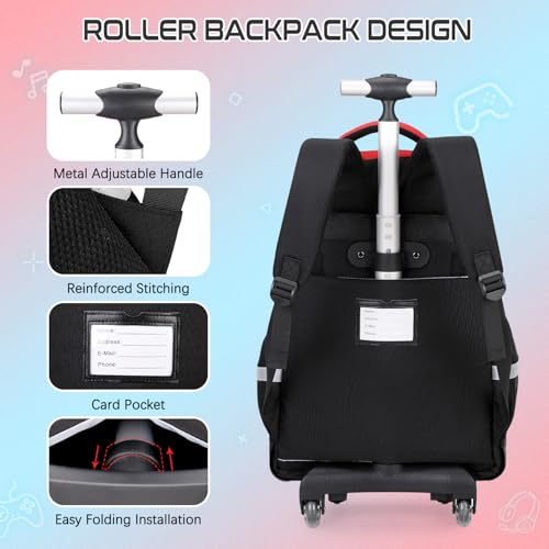 Jafeton Rolling Backpack for Boys, 3 PCS Gamer Boy Backpack Set with Lunch Box & Pencil Pouch, Roller Wheels School bag for Boys Kids Teens, Elementary Middle School, Kids Bookbag Casual Daypack - color: Red Black