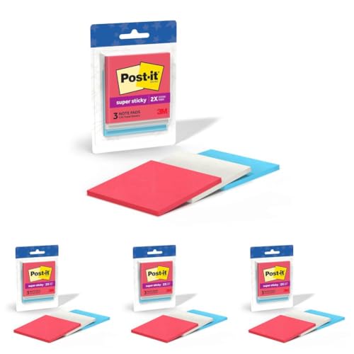 Post-it Super Sticky Notes, 3 Sticky Note Pads, 3 x 3 in., School Supplies, Office Products, 2X the Sticking Power, Red, White, Blue (Pack of 4) - size: 3x3 inches (Pack of 4)