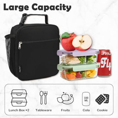 FlowFly Kids Lunch Box Insulated Letter Print Soft Bag Mini Cooler Back to School Thermal Meal Tote Kit for Girls, Boys, Black - color: Black