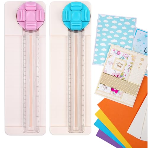 2Pack 4-in-1 Paper Trimmer, 4Style Multi-Function Craft Paper Cutter with Dial Blades of Straight, Wave, Dotted, Perforated, Creasing for Cutting Carstock,Coupons, Photos,Postcards, Scrapbooking Tools - color: Pink + Blue