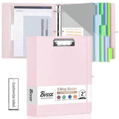 3 Ring Binder with Clipboard,2 Inch Binders with Notepad&5 Dividers with Pockets, Labels,PU Clipboards for School Office(Pink,Letter Size) - color: Pink, size: Letter Size -2 Inch