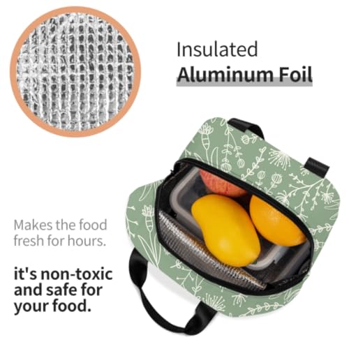 Nerxy Sage Green Insulated Lunch Bag Botanical Reusable Lunch Box for Kids Teens Herbs Plants Container Cooler Toddler Tote Bags for Women Men Picnic Travel Work Office - color: Green Botanical