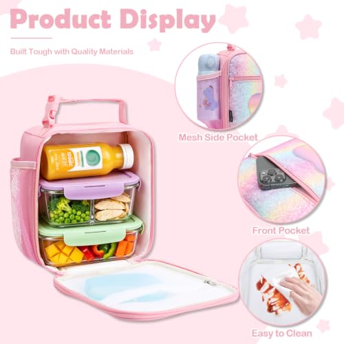 FlowFly Kids Lunch box Insulated Soft Bag Mini Cooler Back to School Thermal Meal Tote Kit for Girls, Boys, Glitter-RainBow - color: Glitter-RainBow