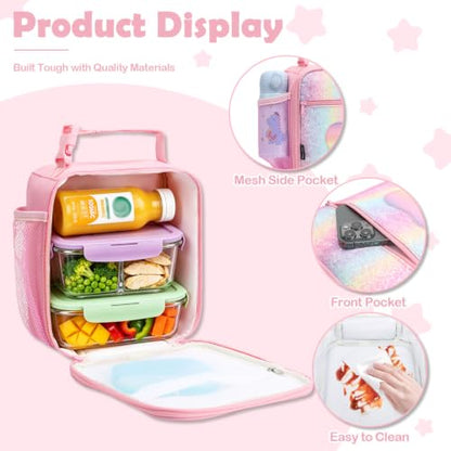 FlowFly Kids Lunch box Insulated Soft Bag Mini Cooler Back to School Thermal Meal Tote Kit for Girls, Boys, Glitter-RainBow - color: Glitter-RainBow