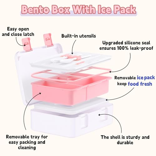 rockpapa Chill Bento Box for Kids- Large 5.5 Cups Lunch Box with Ice Pack - 5 Compartments, BPA-Free, Leak Proof, with Utensils & Portable Handle, Microwave/Dishwasher Safe (White Pets Dog) - color: White Pets Dog