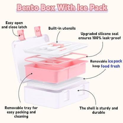 rockpapa Chill Bento Box for Kids- Large 5.5 Cups Lunch Box with Ice Pack - 5 Compartments, BPA-Free, Leak Proof, with Utensils & Portable Handle, Microwave/Dishwasher Safe (White Rainbow) - color: White Rainbow