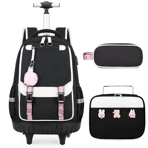 Bevalsa Rolling Backpack for Girls, 3PCS Roller School Backpack Set | with Lunch Box & Pencil Case, Kids Bookbag with Wheels for Teen Girls Elementary Middle High School Students - color: Black White