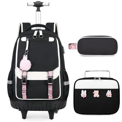 Bevalsa Rolling Backpack for Girls, 3PCS Roller School Backpack Set | with Lunch Box & Pencil Case, Kids Bookbag with Wheels for Teen Girls Elementary Middle High School Students - color: Black White